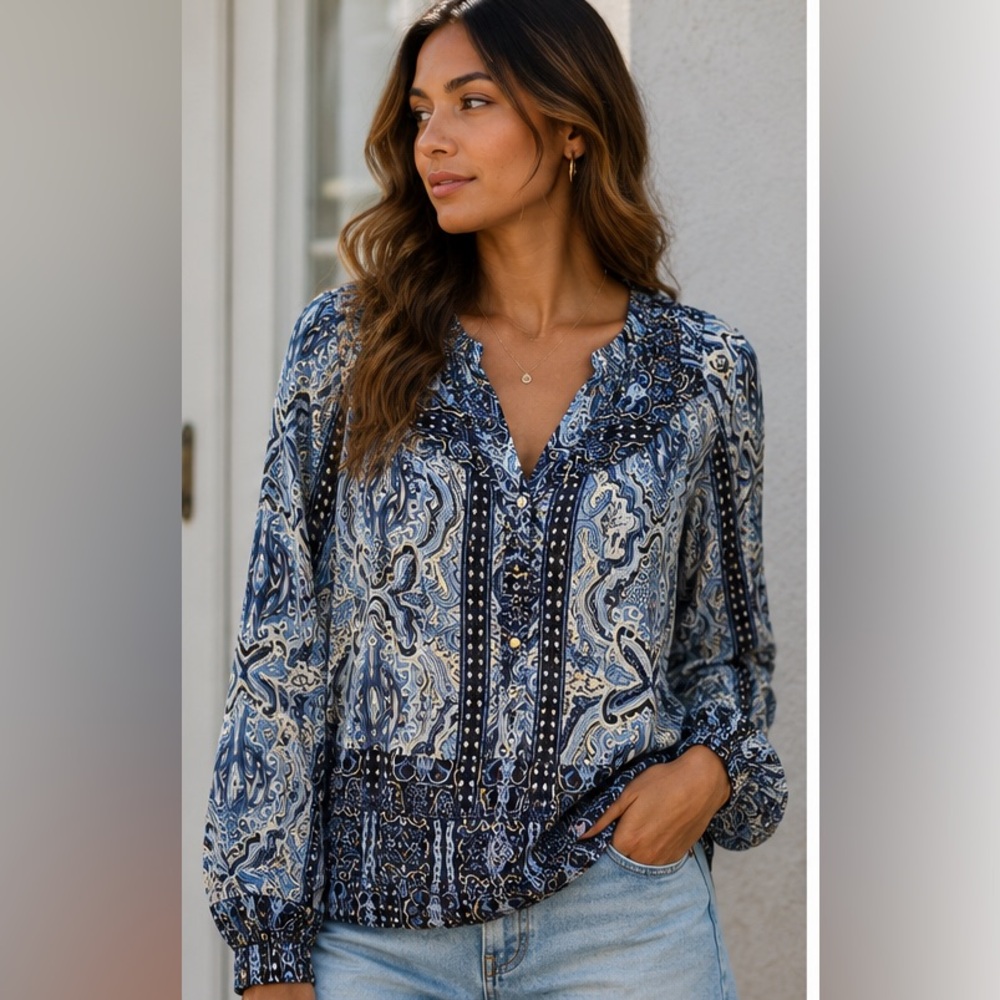 Charter Club Blue & White Paisley See-through Button-up Blouse with Gold Details